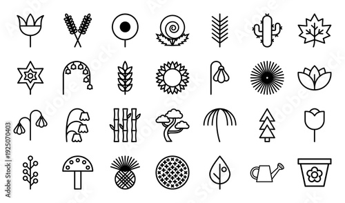 Botanical and horticultural line art icons featuring diverse flora from succulents to forest trees. Minimalist monoline garden and nature symbols for eco-branding and environmental education.