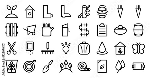 Sustainable gardening and organic farming line icons. Minimalist monoline pictograms for horticulture, plant cultivation, and backyard landscaping maintenance.