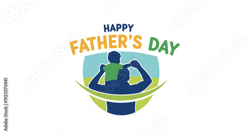 Happy Father's Day logo shows a father carrying his child on shoulders, set against a green and blue shield-shaped background.