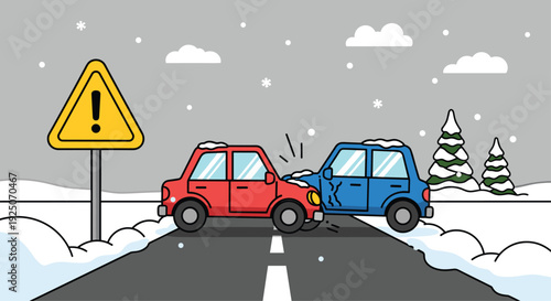 Two cars crashed on a snowy winter road next to a warning sign, with pine trees and falling snow in the background.