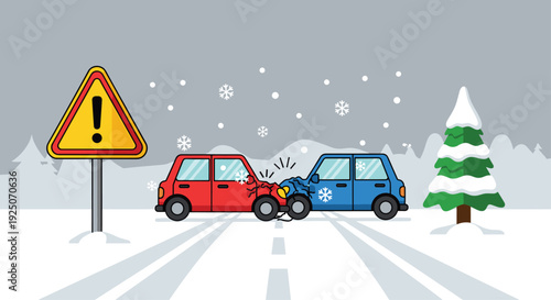 Two cartoon cars, a red and a blue one, involved in a collision on a snowy road with a warning sign.