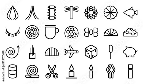Abstract monoline pictograms for lifestyle and nature-inspired branding. Minimalist geometric line art icons featuring flora, fauna, and everyday objects for modern interface design.