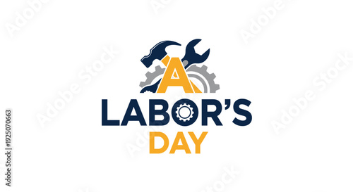 Labor's Day logo featuring crossed wrench and hammer tools over a cogwheel, with text in blue and orange colors.