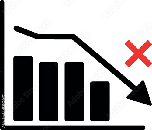Falling Graph Bar Chart Downward Trend Arrow Red Cross Isolated Object