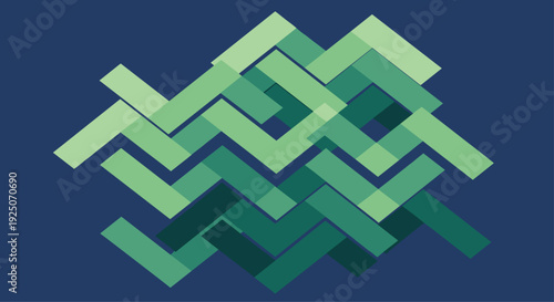 An abstract pattern features overlapping green geometric zigzag shapes creating a woven design on a solid dark blue background.