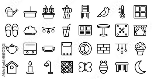 Cozy home lifestyle and gardening monoline pictograms for interior design apps. Minimalist outline elements featuring domestic comfort and hobby themes.