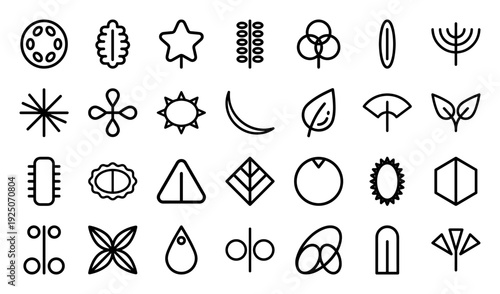 Botanical geometry and organic abstract symbols for modern branding projects. Monoline linear icons featuring minimalist leaf and nature-inspired shapes.