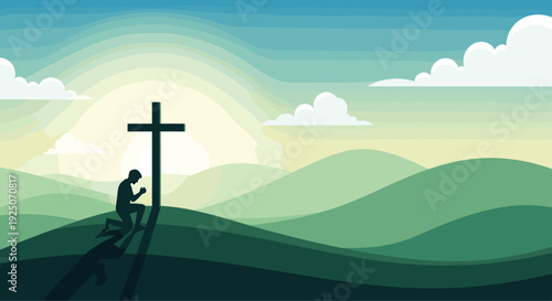 A silhouette of a man kneels in prayer before a Christian cross on a green hill under a warm sunrise sky.
