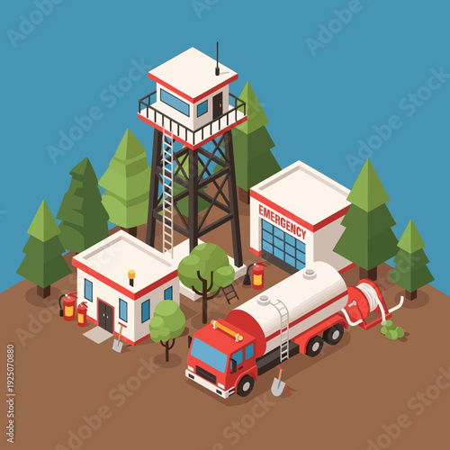 Fire station with watchtower and fire truck in forest.