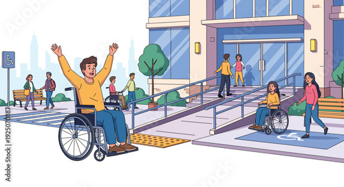 Diverse people in wheelchairs happily entering an accessible building with ramps and a designated parking spot.
