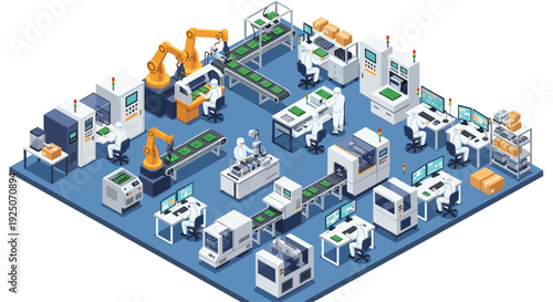 Isometric view of an advanced electronics manufacturing facility with robots and workers on an automated assembly line.