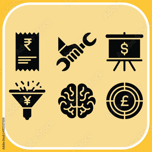 simple ai and business icon collection showing funnel target repair and strategy, intern, junior professional, analyst, team lead, manager, director, vice president, chief innovation officer.