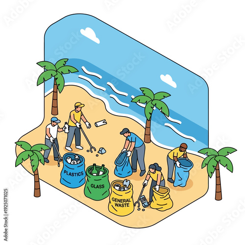 Beach Cleanup Illustration with Volunteers Sorting Trash.