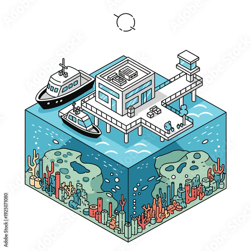 Isometric illustration of an offshore research station with boats and underwater coral reef.