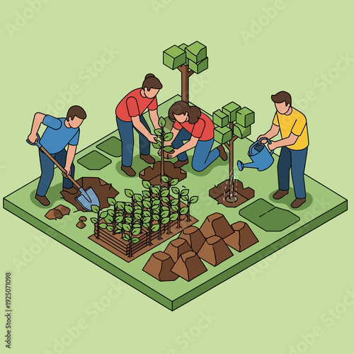 Group of people planting trees and gardening together outdoors.