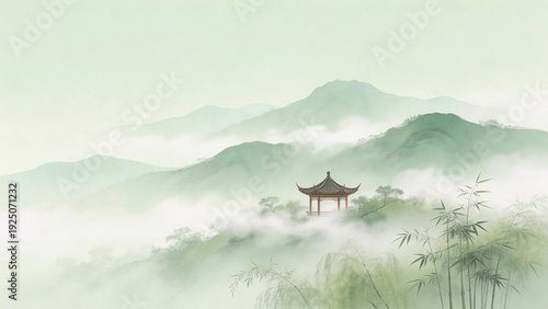 An artistic rendering of a traditional Chinese pavilion surrounded by misty mountains and lush bamboo, evoking a serene and tranquil natural landscape.