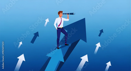 Businessman with telescope looking for opportunities on rising growth arrows