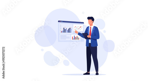 Businessman presenting financial data charts and graphs on a digital screen
