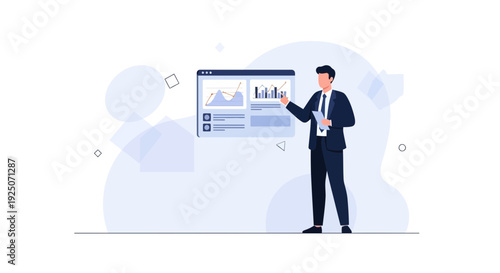 Businessman presenting data analytics on a digital screen, business growth concept