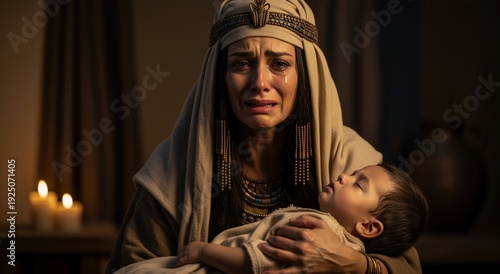 Dramatic portrait of a crying ancient Egyptian mother holding her deceased firstborn child. Biblical scene of the tenth plague