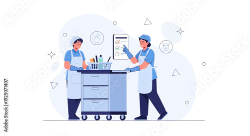 Cleaning Service Team with Cart and Checklist, Professional Housekeeping