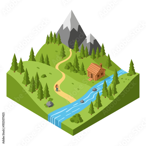 Isometric illustration of a serene mountain landscape with a cabin and river.