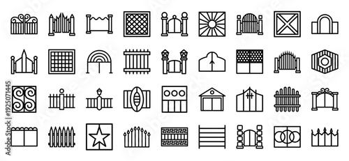 Wrought iron gate and decorative fence line icons for architectural planning. Minimalist monoline exterior barrier pictograms featuring classic, modern, and ornate entryway designs.
