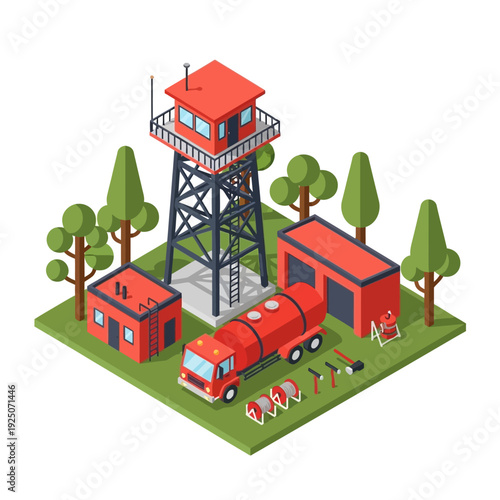 Fire station with watchtower and firefighters on duty.