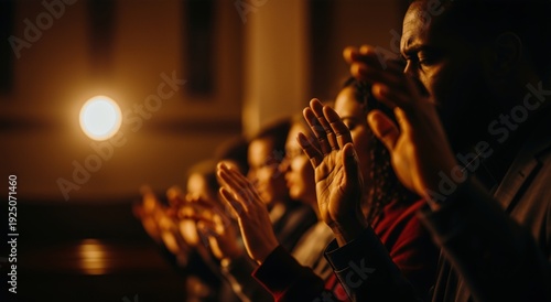 Group of diverse people praying with raised hands in a dark church. Close up of hands in worship during a religious service. Faith and spirituality concept