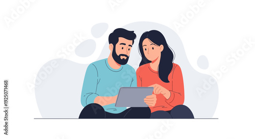 Couple Using Tablet Together - Modern Flat Illustration