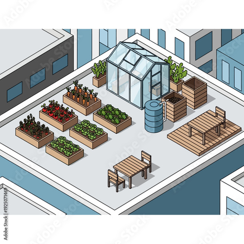 Rooftop garden with greenhouse and planters in urban setting.