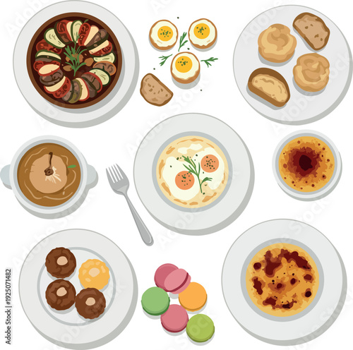 Flat Design Food Meal Collection Delicious Breakfast Lunch Dinner Pastries Top View