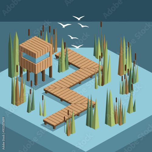 Serene wooden cabin on stilts surrounded by lush greenery and a wooden dock.