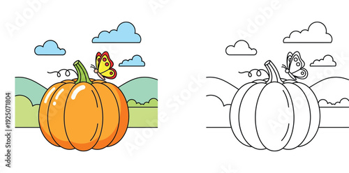Pumpkin with Butterfly Illustration and Coloring Page for Kids Activity, Educational Autumn Harvest Vector Graphic with Nature Landscape Background for Halloween or Thanksgiving