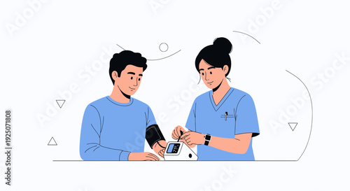 Doctor checking patient's blood pressure with a monitor, medical checkup illustration