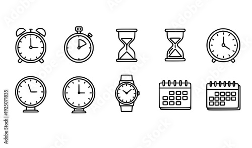 Time management line icon collection clock stopwatch hourglass calendar vector set