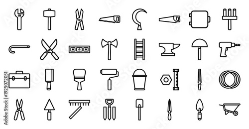 Construction and gardening hardware icons featuring heavy-duty tools for masonry, carpentry, and landscaping. Professional monoline pictograms for home renovation and industrial maintenance projects.