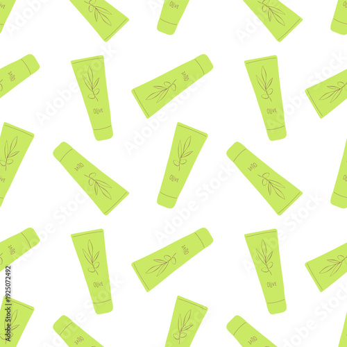 Cosmetic pattern with tubes of Olive cream, care and beauty, spa treatments and cosmetics.