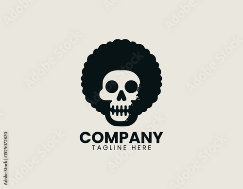 Stylized skull with large open mouth and afro hairstyle is presented as bold monochrome vector logo
