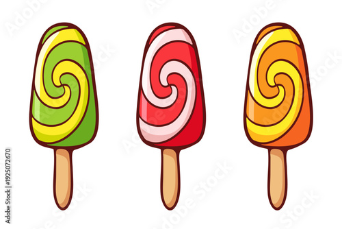 Cartoon multicolor fruit flavored ice cream or ice lolly isolated on white. Colorful drawing vector illustration of strawberry, citrus or kiwi icecream of bright red, green and orange colors.