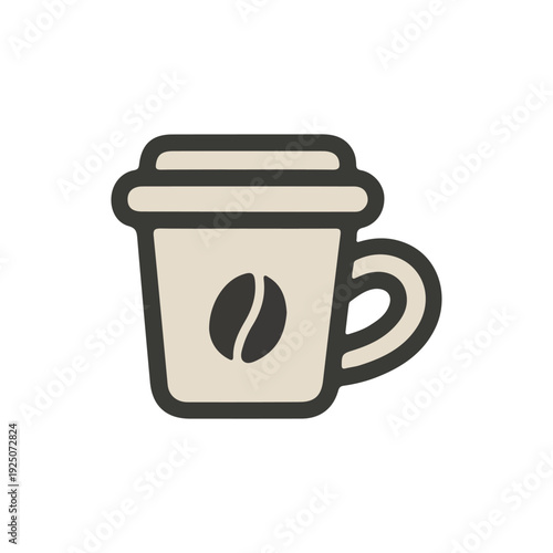 Minimalist graphic of a coffee cup with bean icon on white background.