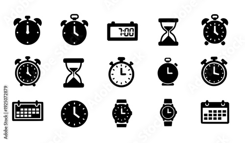 Black and white time management icon set with clock stopwatch hourglass and calendar vector
