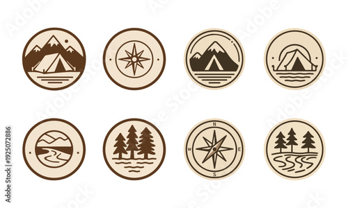 Set of round adventure themed icons with mountains, tents, trees, and compass.