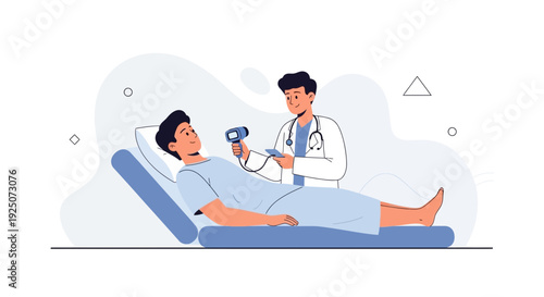 Doctor examines patient on examination table with medical device, healthcare concept