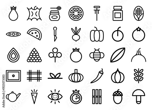 Organic agriculture and healthy food production line icons. Minimalist monoline pictograms for farm-to-table branding, nutrition apps, and culinary infographics.