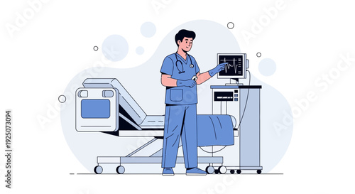 Doctor in blue uniform with stethoscope near hospital bed and monitor