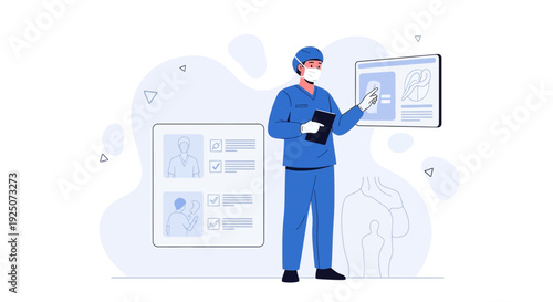 Doctor presenting medical information on digital screens, healthcare concept