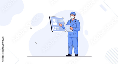 Doctor presenting patient profile on digital screen with stethoscope and clipboard
