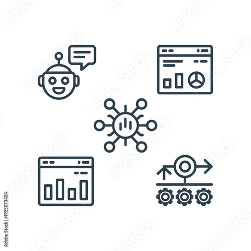 Robot communication data analysis and workflow icons illustrate digital networking and automation concepts