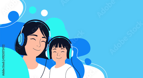 Smiling mother and child wearing headphones.